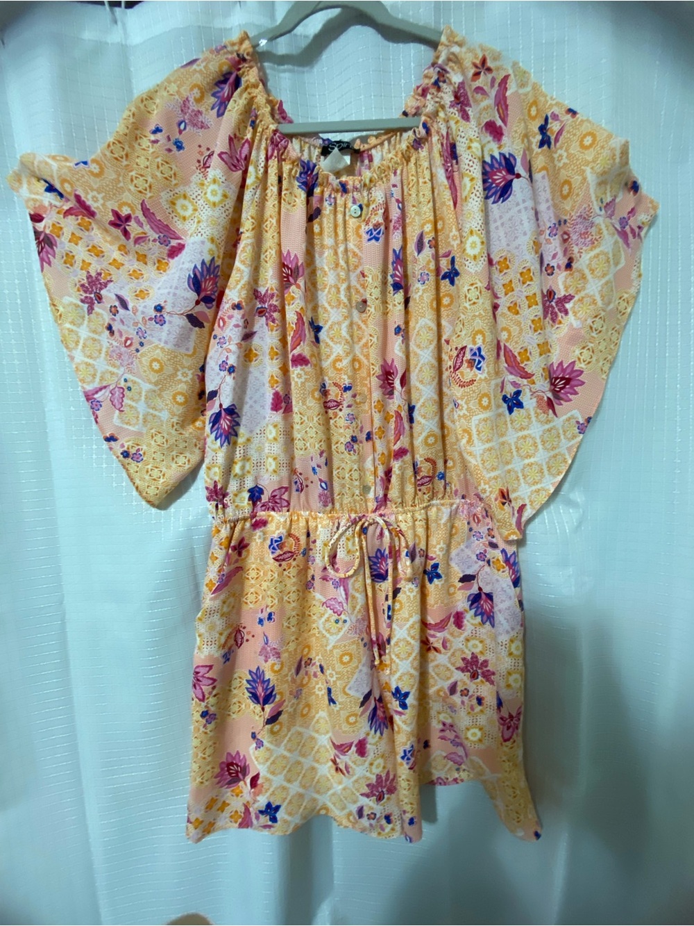 Women’s Floral Flutter Sleeve Peasant Romper - Yellow Pink